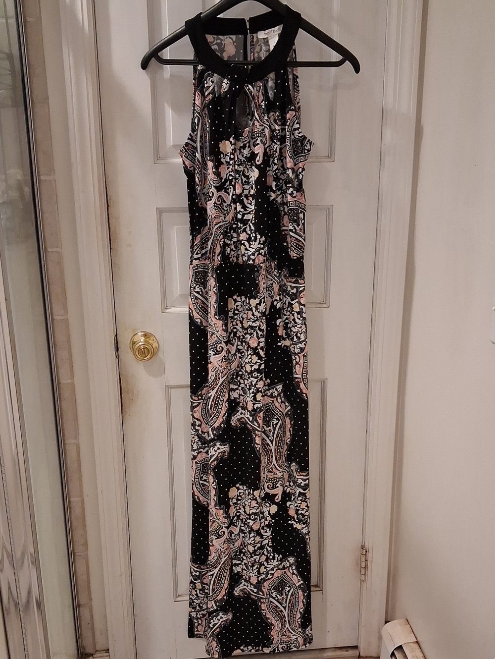 White House Black Market Black Paisley & Dot Maxi Dress with Pink Accents